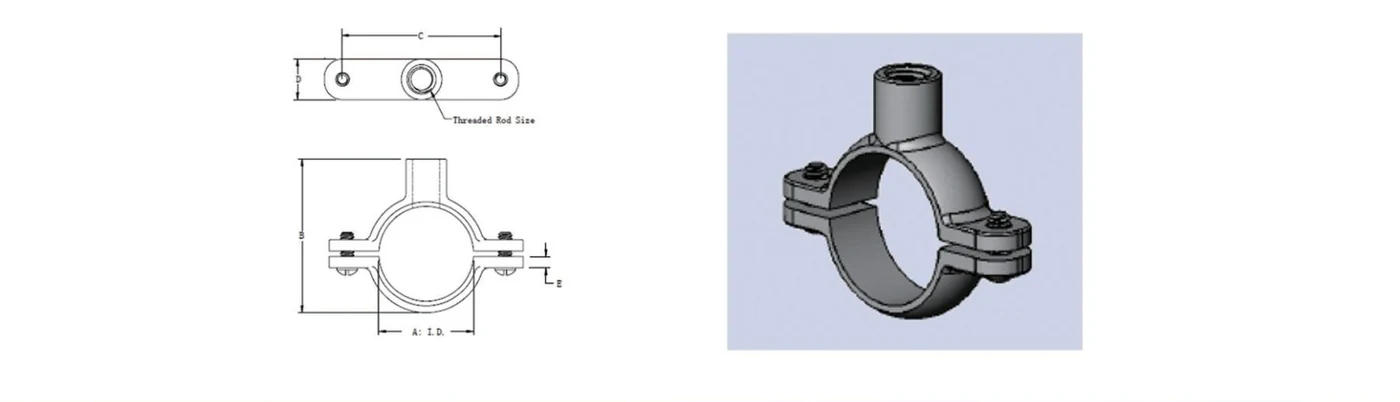 Split clamp orthographic drawing and three-dimensional reference view labeled A through E and threaded rod size