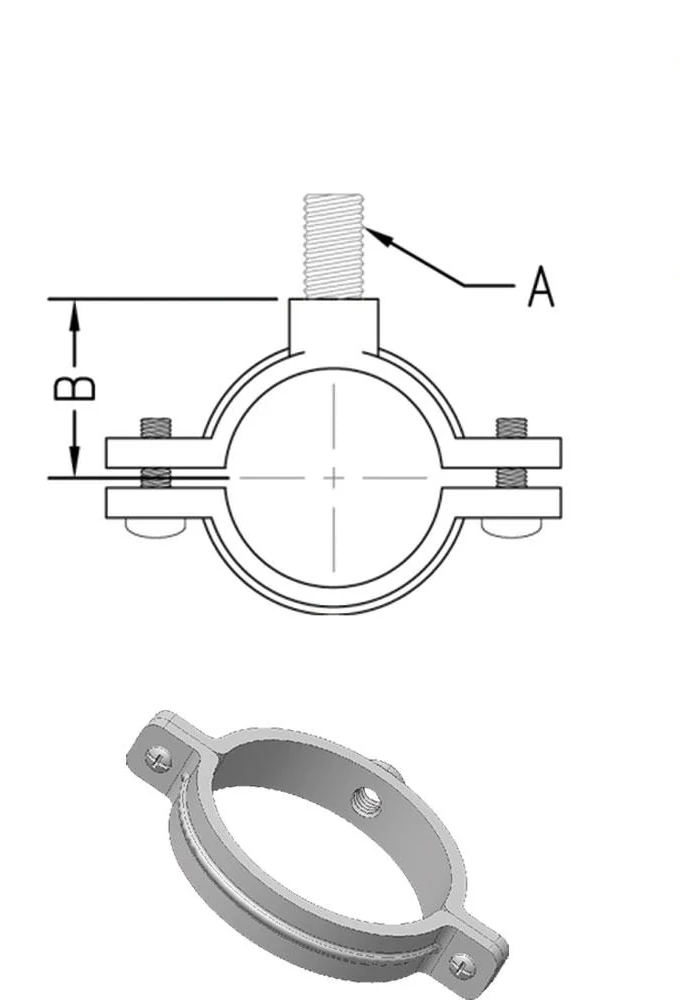 HT-62 to HT-71 split clamp dimensional drawing labeled bolt thread A and height B with product rendering