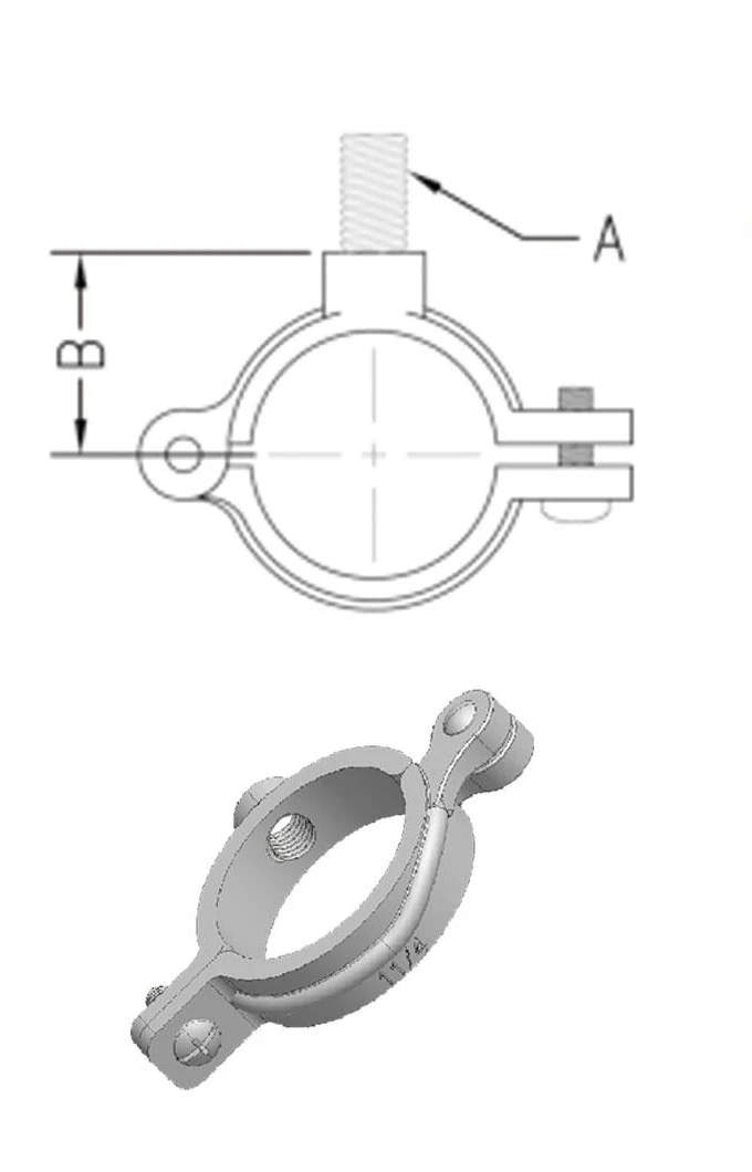 HT-72 to HT-81 split clamp dimensional drawing labeled bolt thread A and height B with product rendering