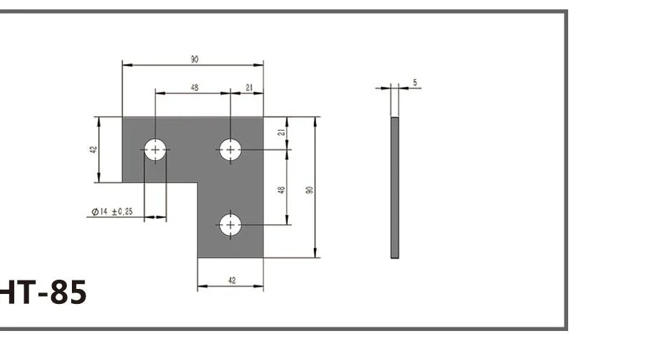 HT-85 L-shaped three-hole channel fitting dimensioned drawing