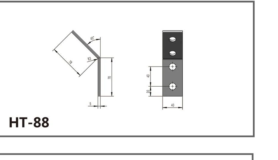 HT-88 bent four-hole channel fitting dimensioned drawing