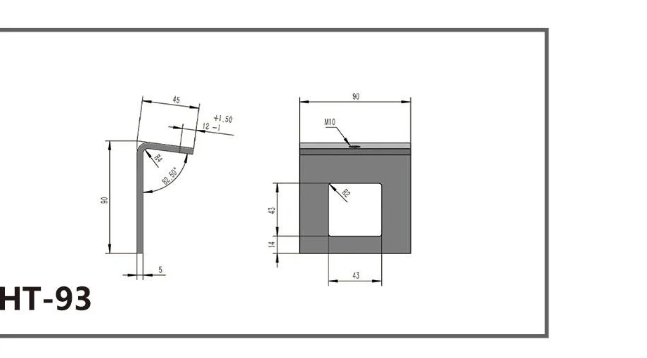 HT-93 formed channel fitting side and front dimensioned views