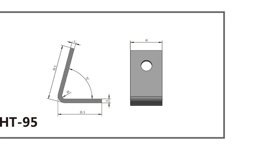 HT-95 75-degree bent channel fitting dimensioned drawing