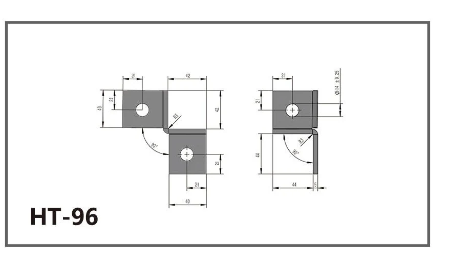 HT-96 offset two-hole channel fitting shown in two dimensioned orientations