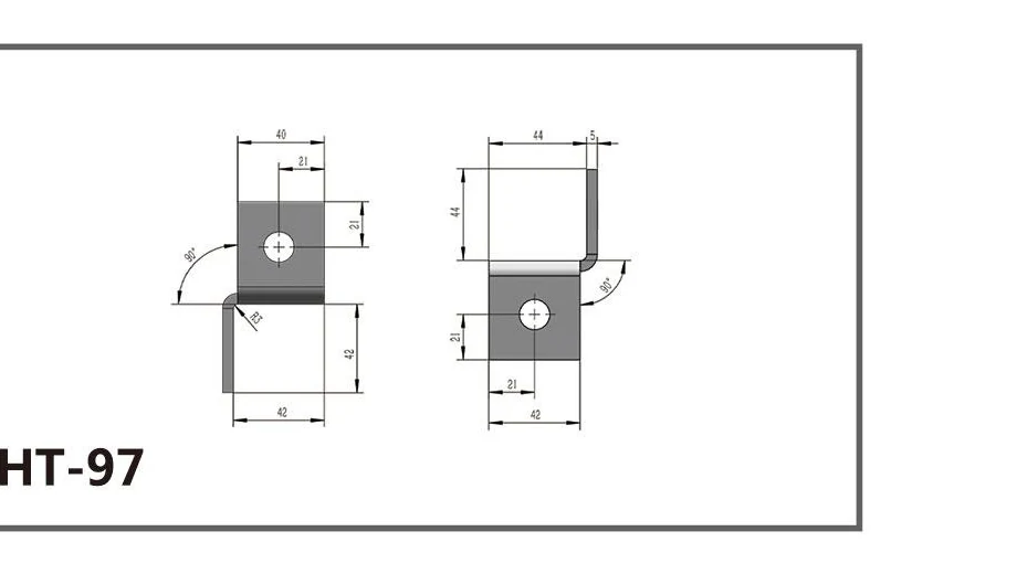 HT-97 reverse offset two-hole channel fitting shown in two dimensioned orientations