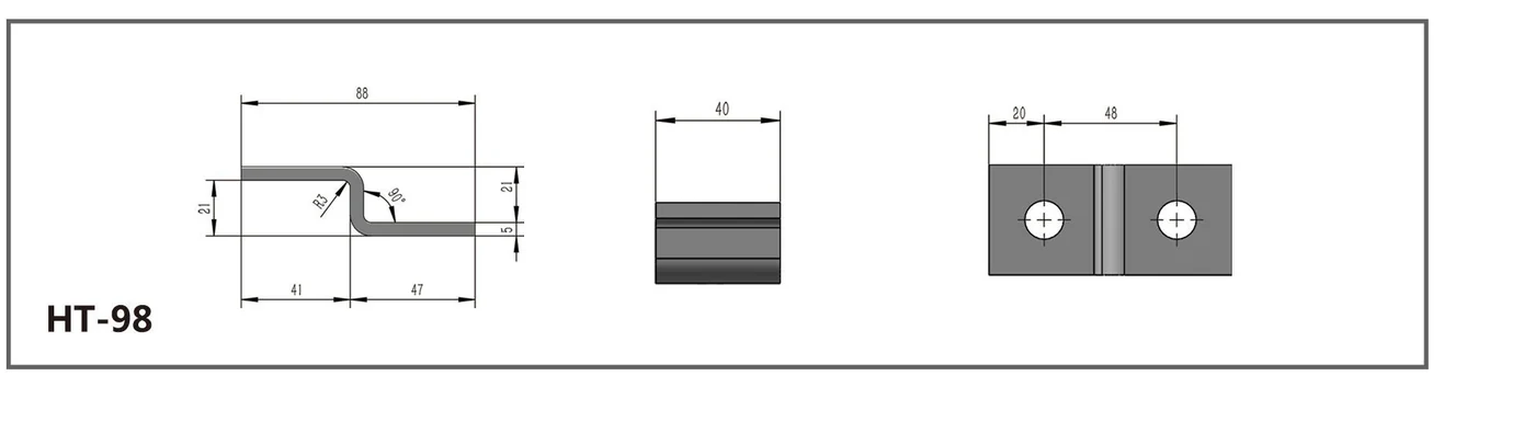 HT-98 two-hole offset plate channel fitting dimensioned drawing