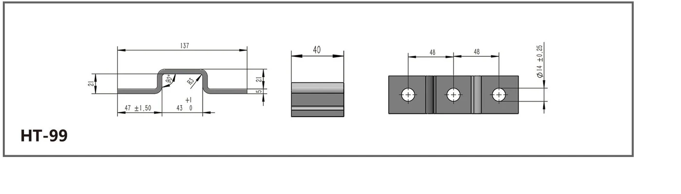 HT-99 three-hole raised offset plate channel fitting dimensioned drawing