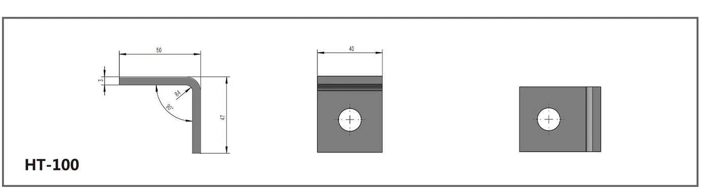 HT-100 right-angle channel fitting shown in three dimensioned views