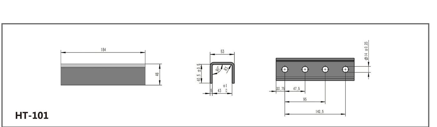 HT-101 four-hole formed channel fitting shown in three dimensioned views