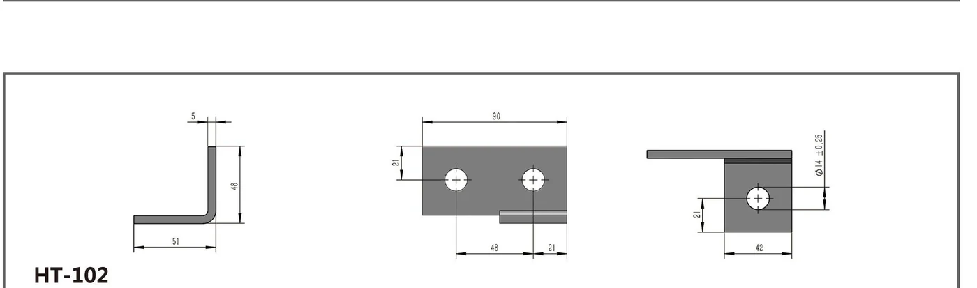 HT-102 three-hole angle channel fitting shown in three dimensioned views