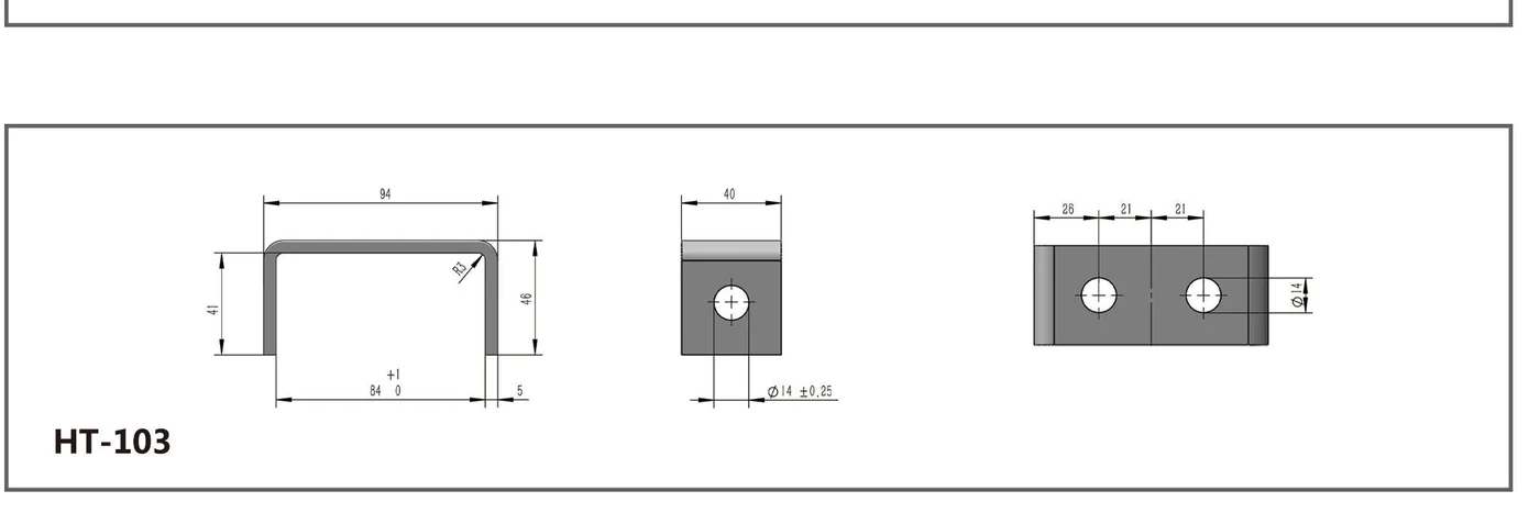 HT-103 two-hole U-shaped channel fitting shown in three dimensioned views