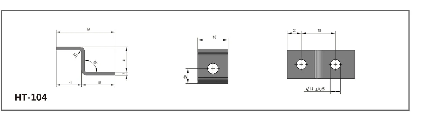 HT-104 two-hole offset channel fitting shown in three dimensioned views