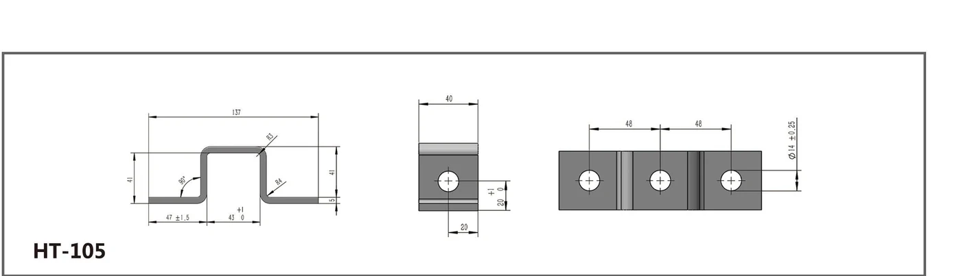 HT-105 three-hole raised offset channel fitting shown in three dimensioned views