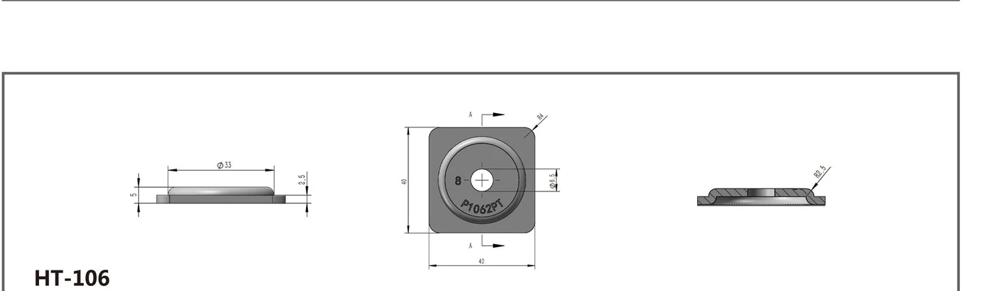 HT-106 square pressed fitting with raised circular feature and section view