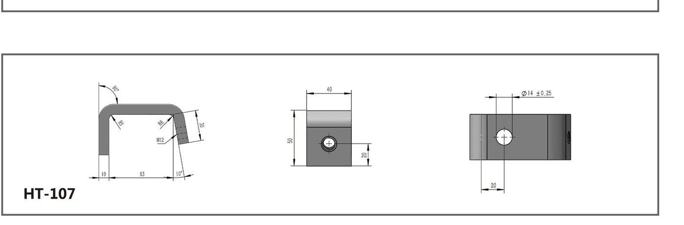 HT-107 formed bracket with M12 thread and dimensioned front and top views