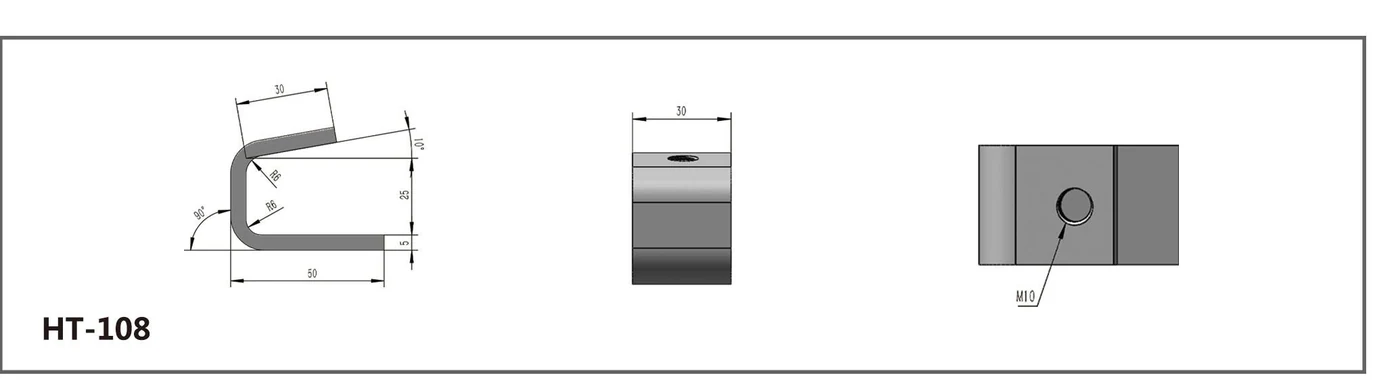HT-108 formed M10 channel fitting shown in three dimensioned views
