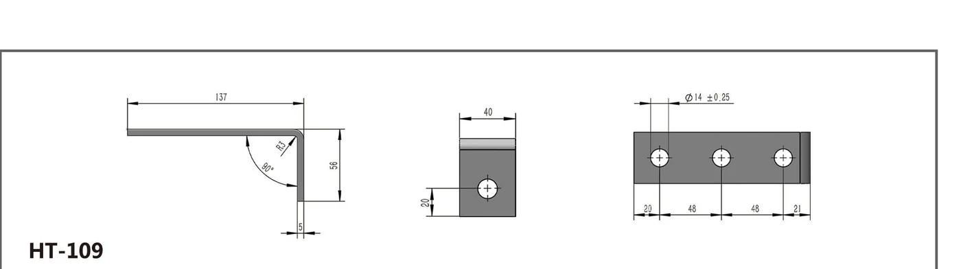 HT-109 three-hole right-angle channel fitting shown in three dimensioned views