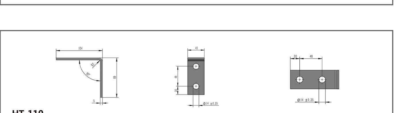 HT-110 two-hole long-leg right-angle channel fitting shown in three dimensioned views