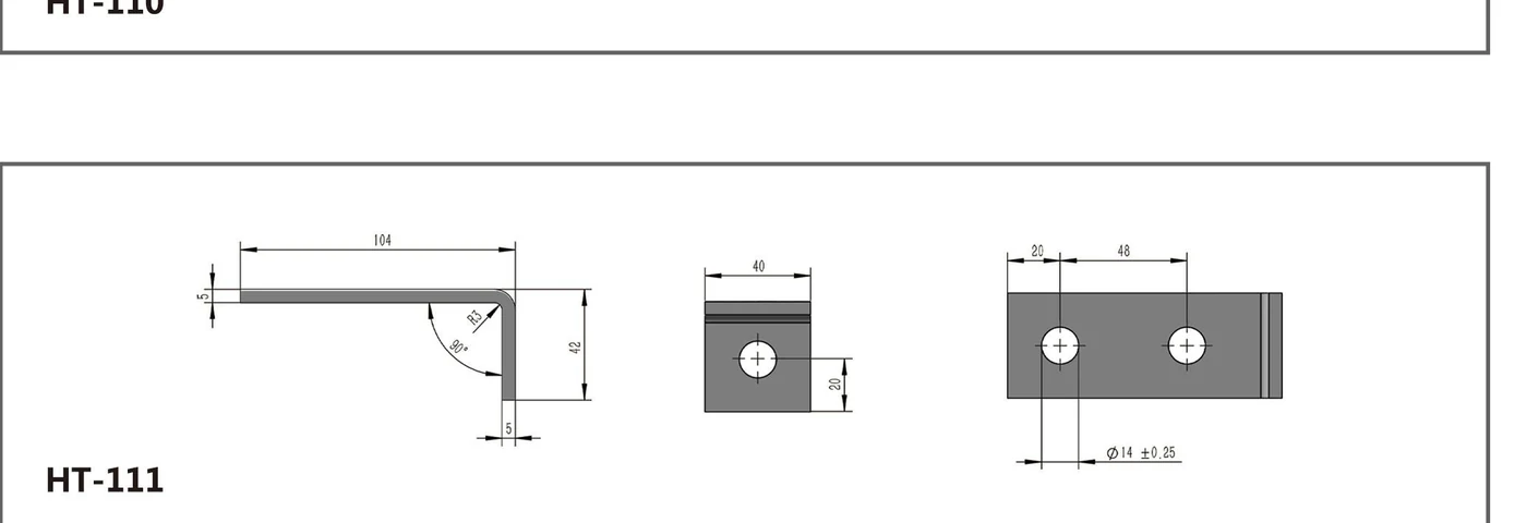 HT-111 two-hole short-leg right-angle channel fitting shown in three dimensioned views