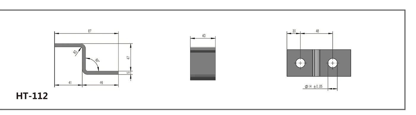 HT-112 two-hole offset channel fitting shown in three dimensioned views