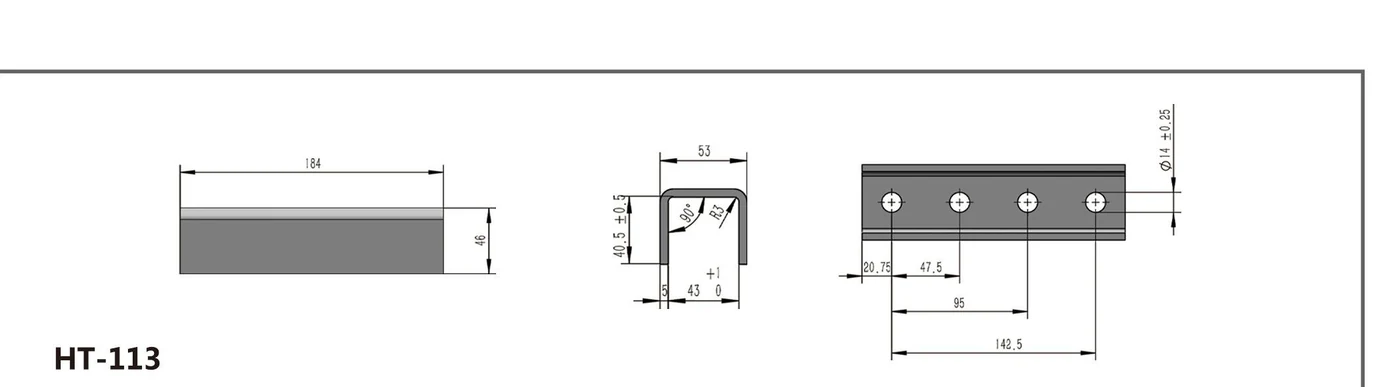 HT-113 four-hole formed channel fitting shown in three dimensioned views