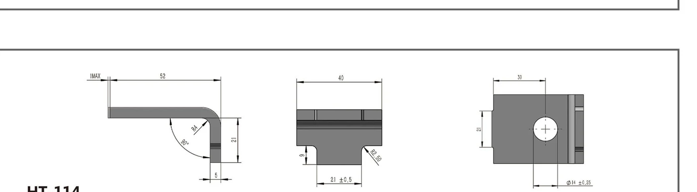 HT-114 notched right-angle channel fitting shown in three dimensioned views