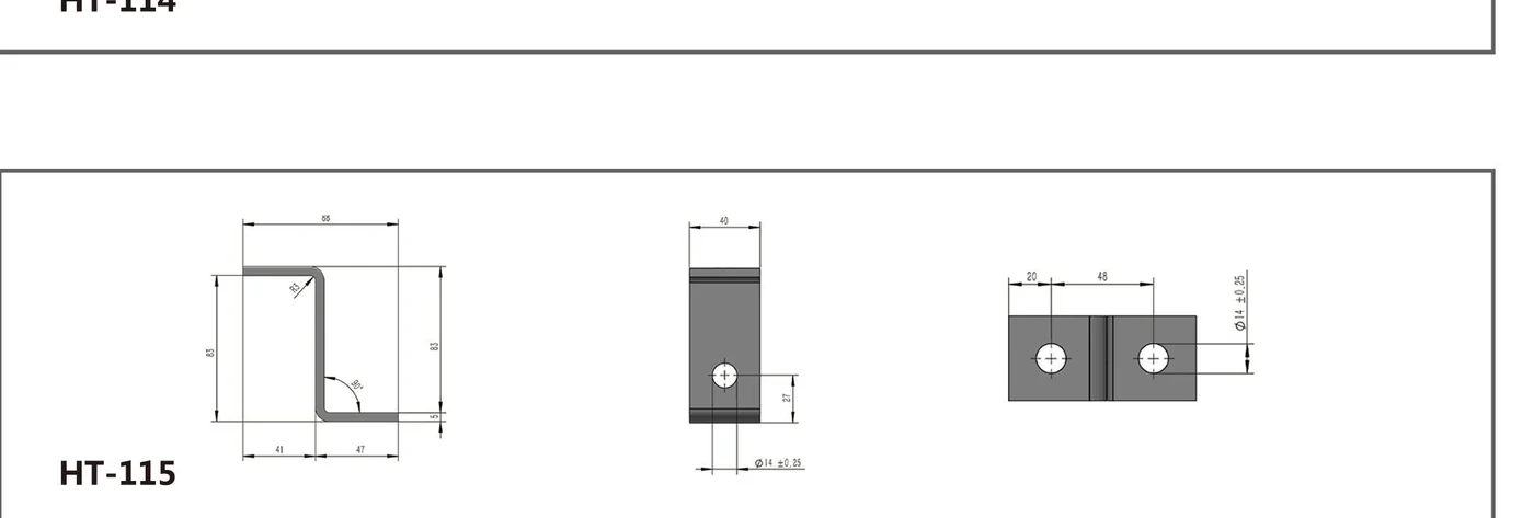 HT-115 two-hole deep offset channel fitting shown in three dimensioned views