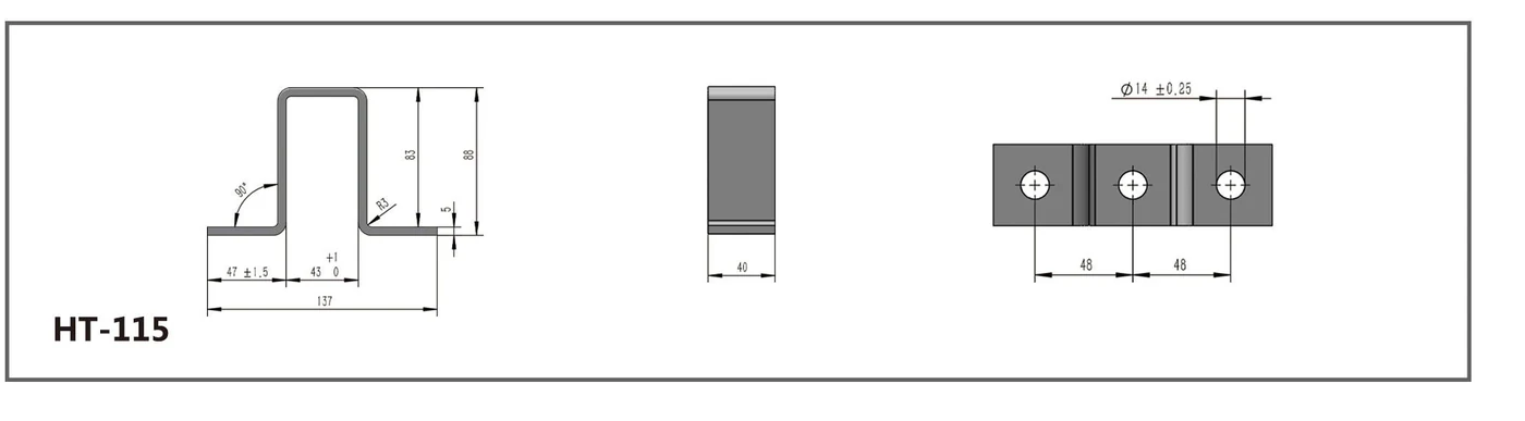 HT-115A three-hole raised channel fitting dimensioned drawing; source catalog prints HT-115