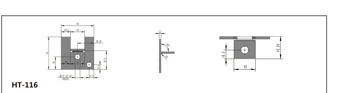 HT-116 three-hole formed channel fitting shown in dimensioned front side and end views