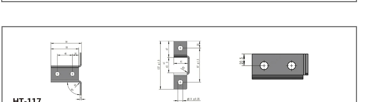 HT-117 three-hole multi-plane channel fitting shown in dimensioned orthographic views