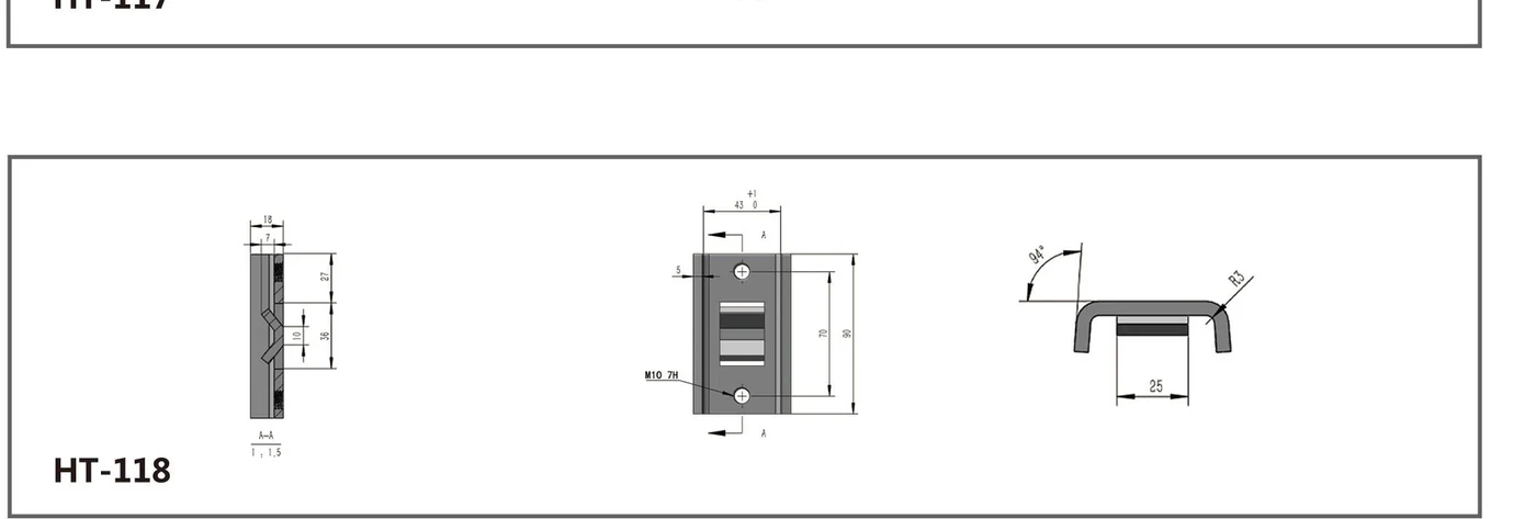 HT-118 formed saddle channel fitting with threaded holes slot and dimensioned section views