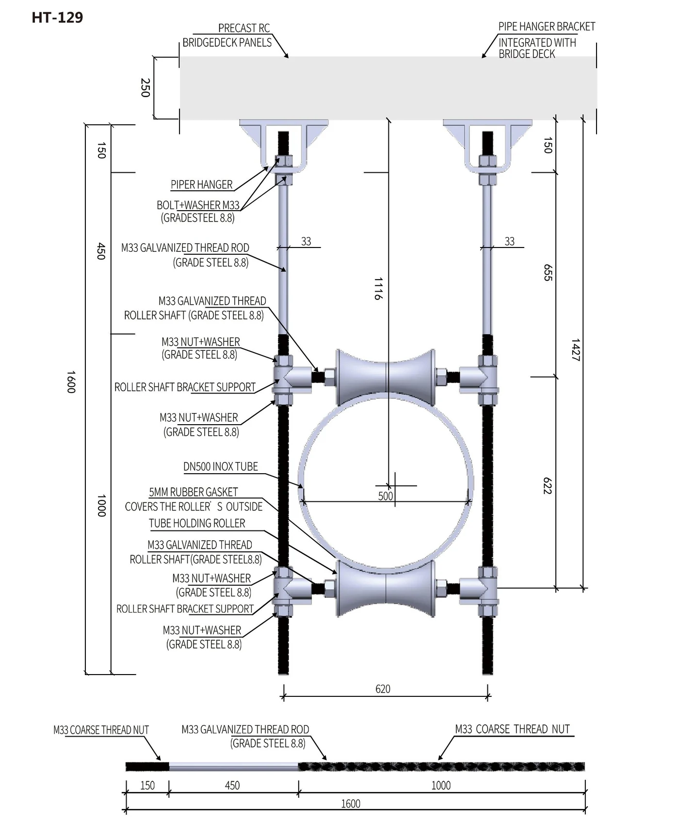 HT-129 pipe roller support complete assembly and M33 threaded rod detail with dimensions and component labels