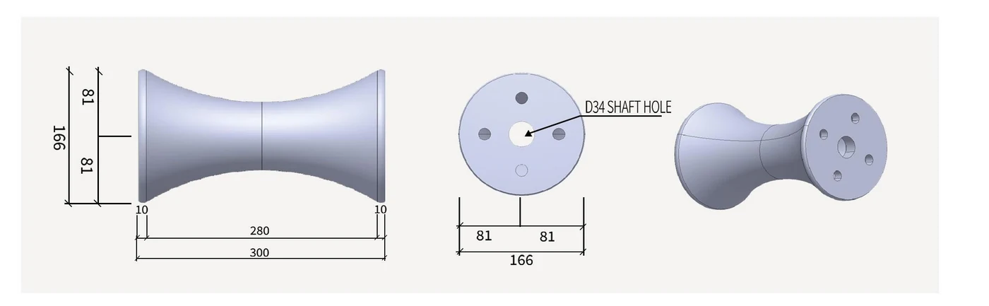 HT-129 tube-holding roller dimensioned side end and perspective views