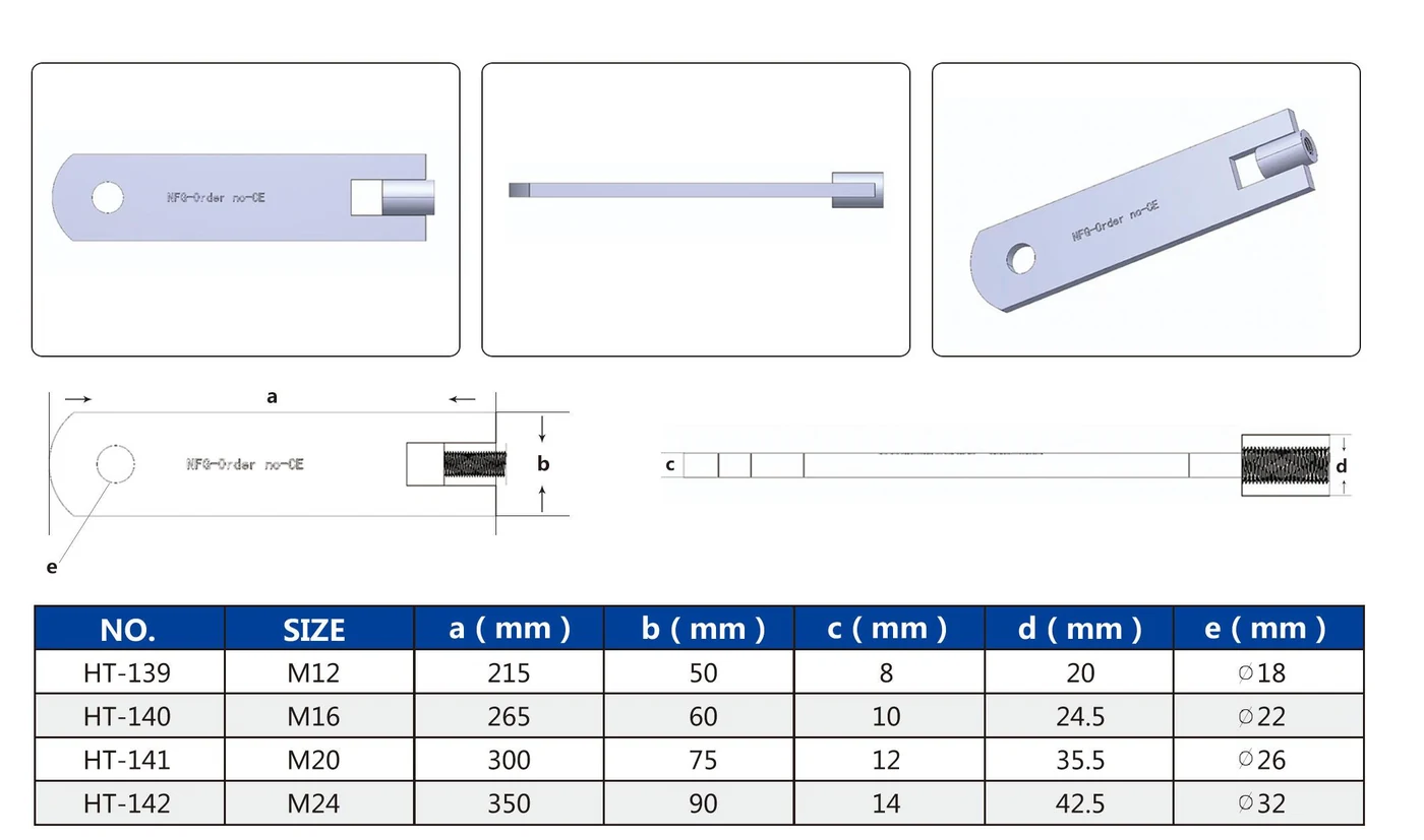 HT-139 to HT-142 single-plate rebar connector views and dimension key a through e
