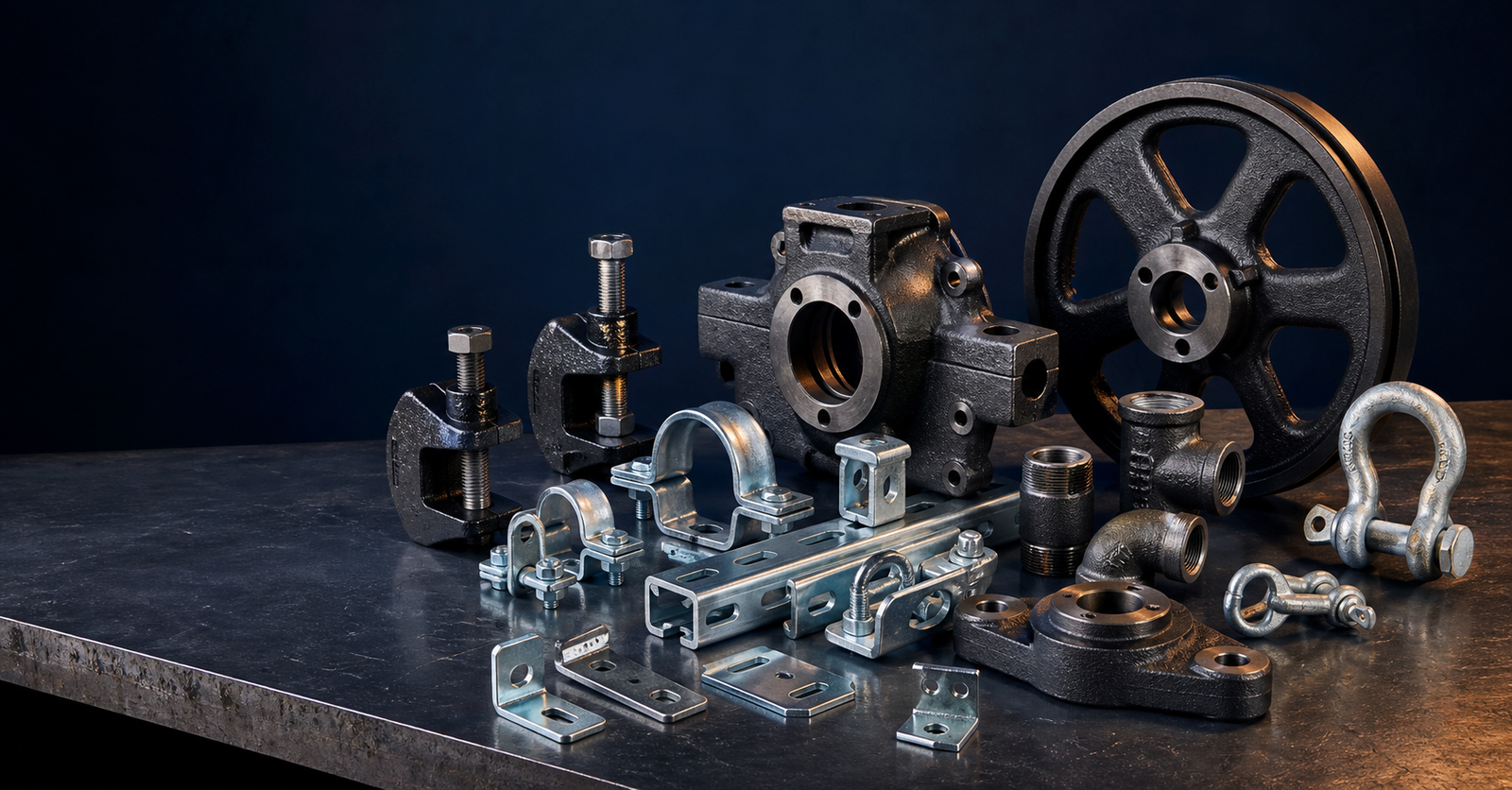 Industrial hardware portfolio including clamps, fittings, castings and a flywheel