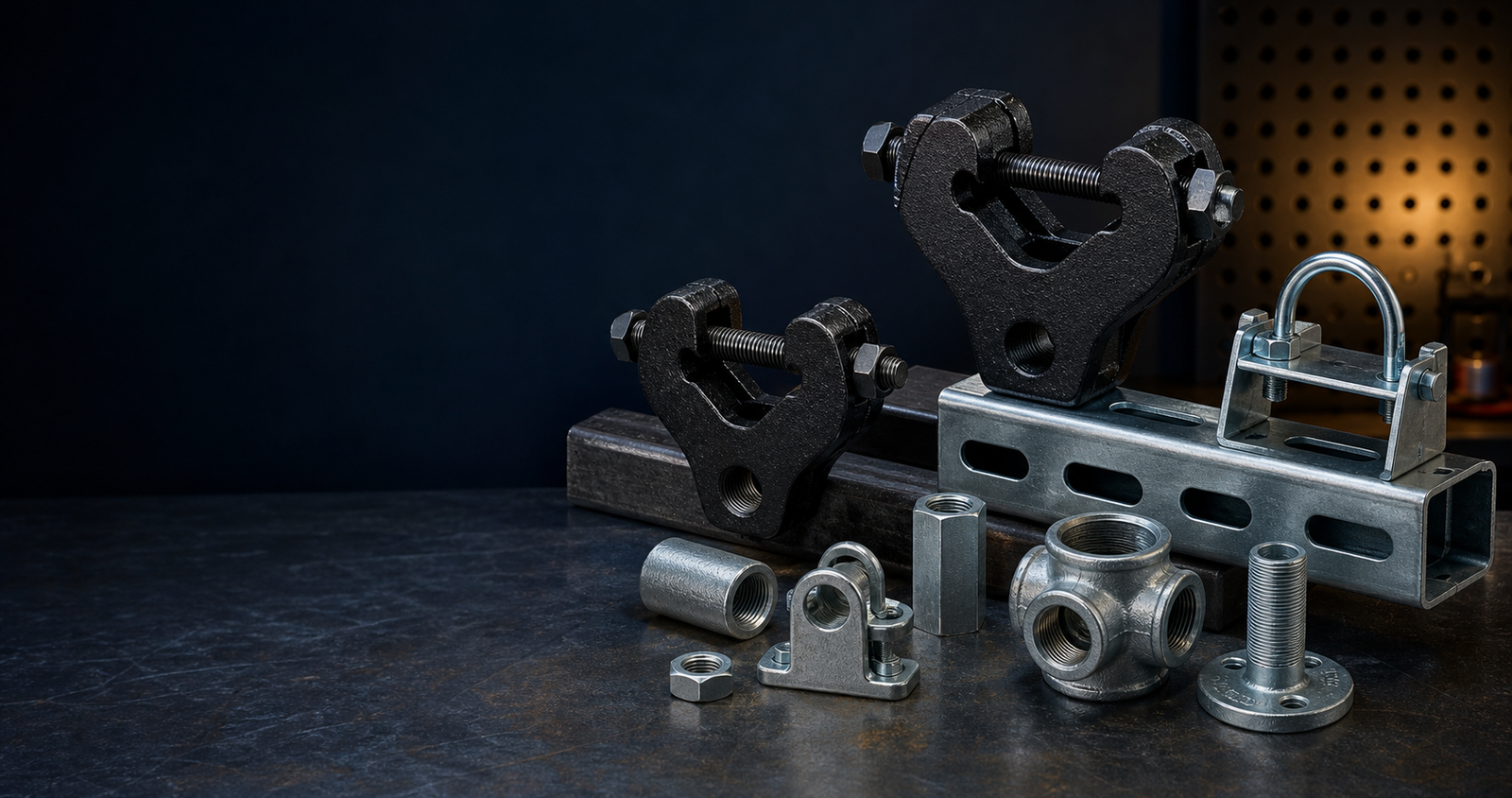 Beam clamps, strut fittings and pipe support hardware arranged on a workbench