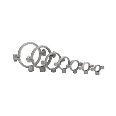 Circular pipe hanger photographed on white